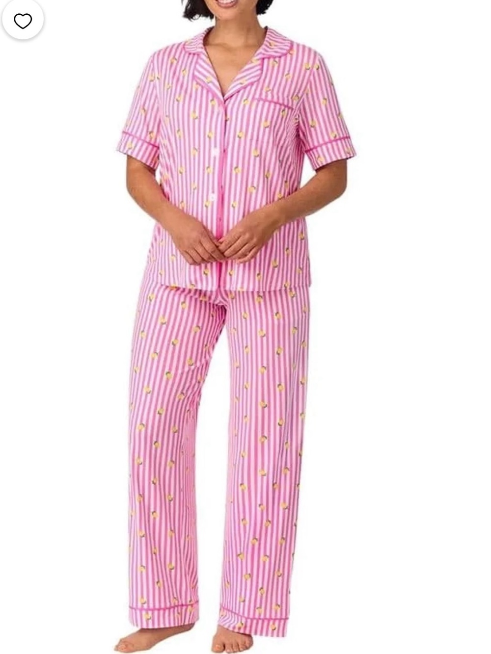 Room Service Lemon Pink Print Striped Pajama Set S Collared Short Sleeve Button
